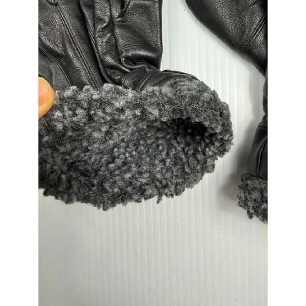 Black Leather Gloves with‎ Plush Gray Fleece Lining Cold Weather size M